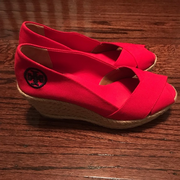 *SOLD*Tory Burch Red Canvas Peep Toe Wedges - Picture 8 of 8